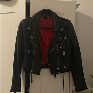 The Kooples Black Leather Jacket with Red Interior